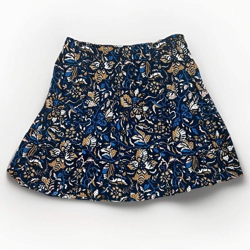 NEW Loft Skirt Womens Sz Large Blue Tan Floral Print Mini Pull On Ponte Flounce